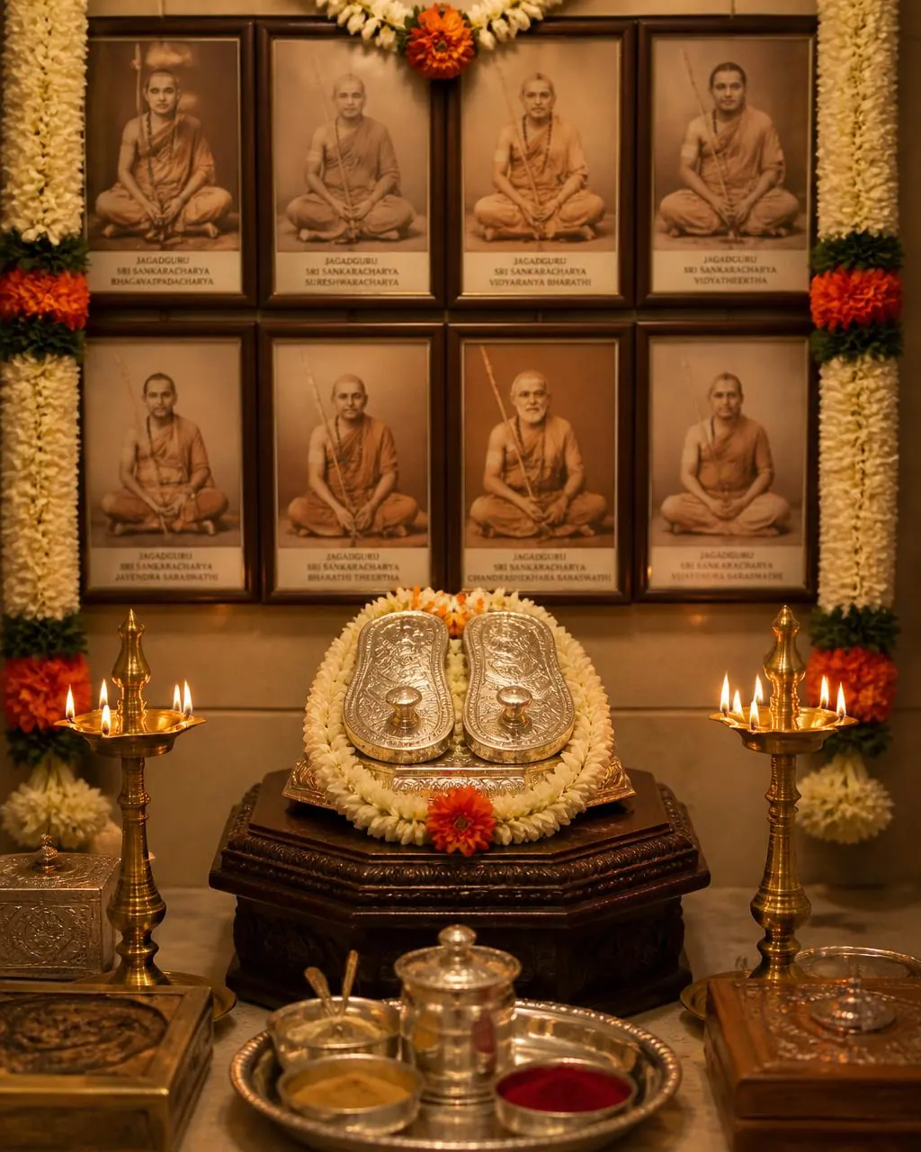 Kanchi Sankaracharya guru lineage portraits with silver padukas, lamps and fresh garlands