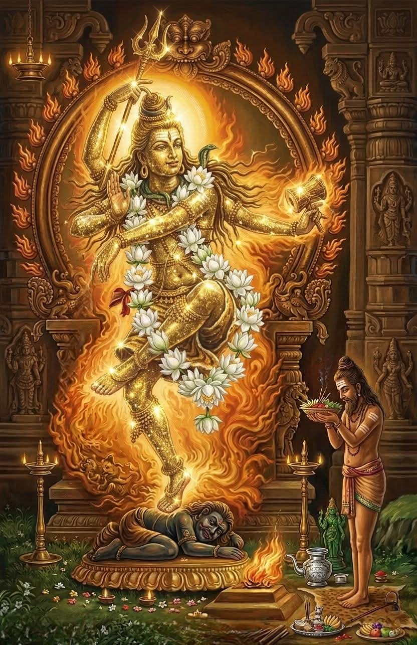 Bhagavān Rudra as Naṭarāja, worshipped with lamps and offerings