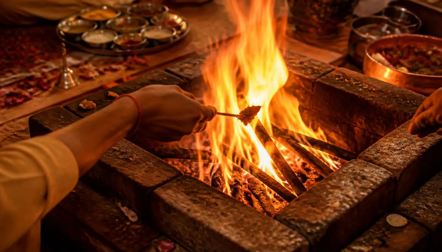 Ghee offerings into a Vedic homam fire in a brick havan kunda