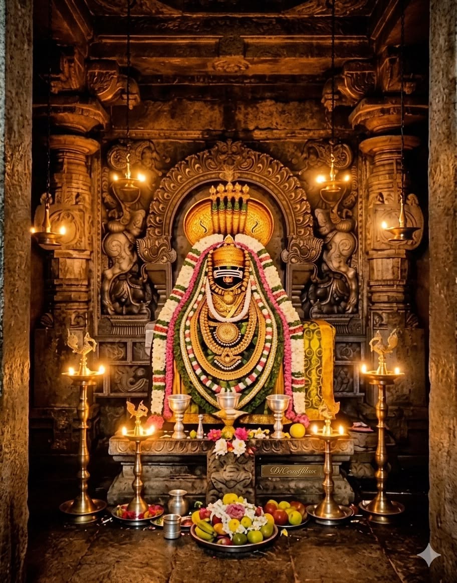 Śiva sannidhi adorned with garlands and lit lamps for Rudra worship