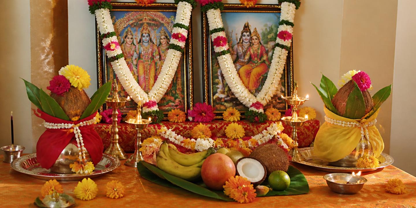 Decorated altar with garlands, brass lamps and kalash for a birthday shanti rite